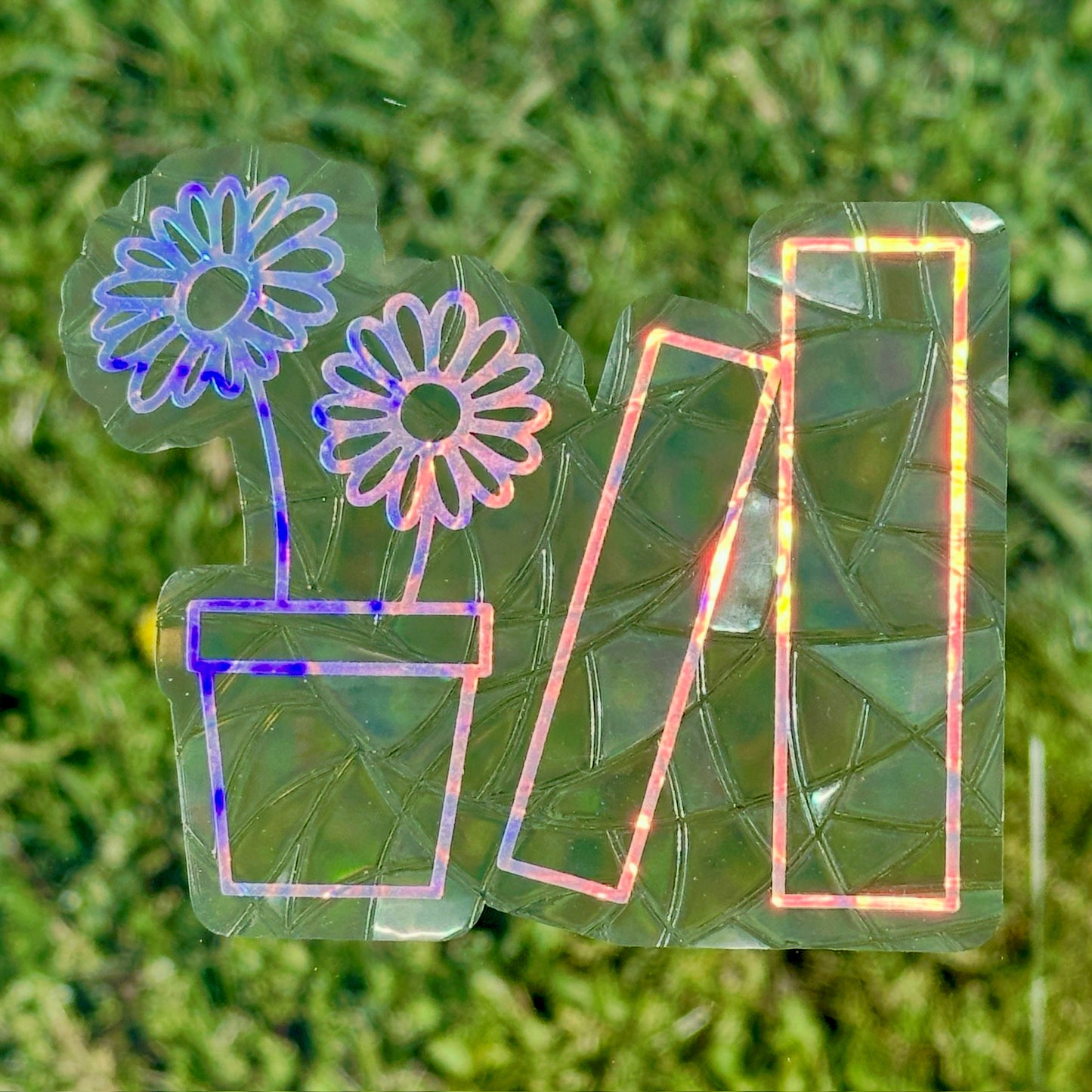 A Sun Catcher decal on glass in front of green grass.
The design features a pot holding two daisies, and next to that, two books. The design is shiny and holographic, and sits on top of the clear rainbow-making film.