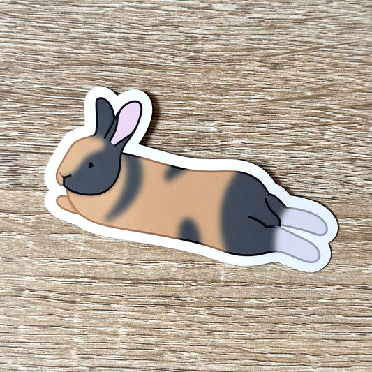 A sticker featuring an illustration of a harlequin bunny laying on his stomach, looking at the camera with his ears up. Side view. The bunny is tan, white, and grey. Sticker is glossy and 3.5 x 2.1 inches.