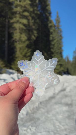 Snowflake suncatchers slowly changing color in the cold from white to a deep blue. Held in front of snow and trees. Then the rainbows that the suncatchers can create are shown