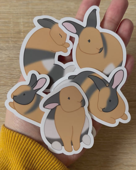 Holding all 5 bunny stickers in one hand. Hand is moving to show the glossy finish on the stickers. 