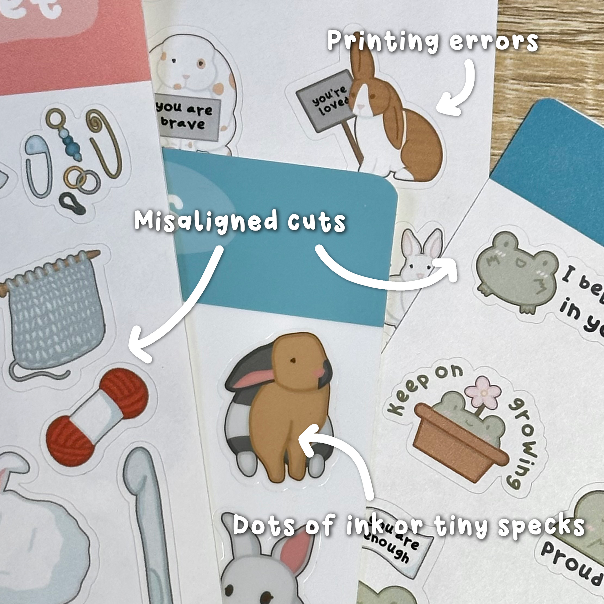 Examples of some of the imperfections possible in the oopsie sticker sheets. Includes printing errors, such as banding, misaligned cuts, dots where there is excess or missing ink, and tiny specks of dust under laminate. 